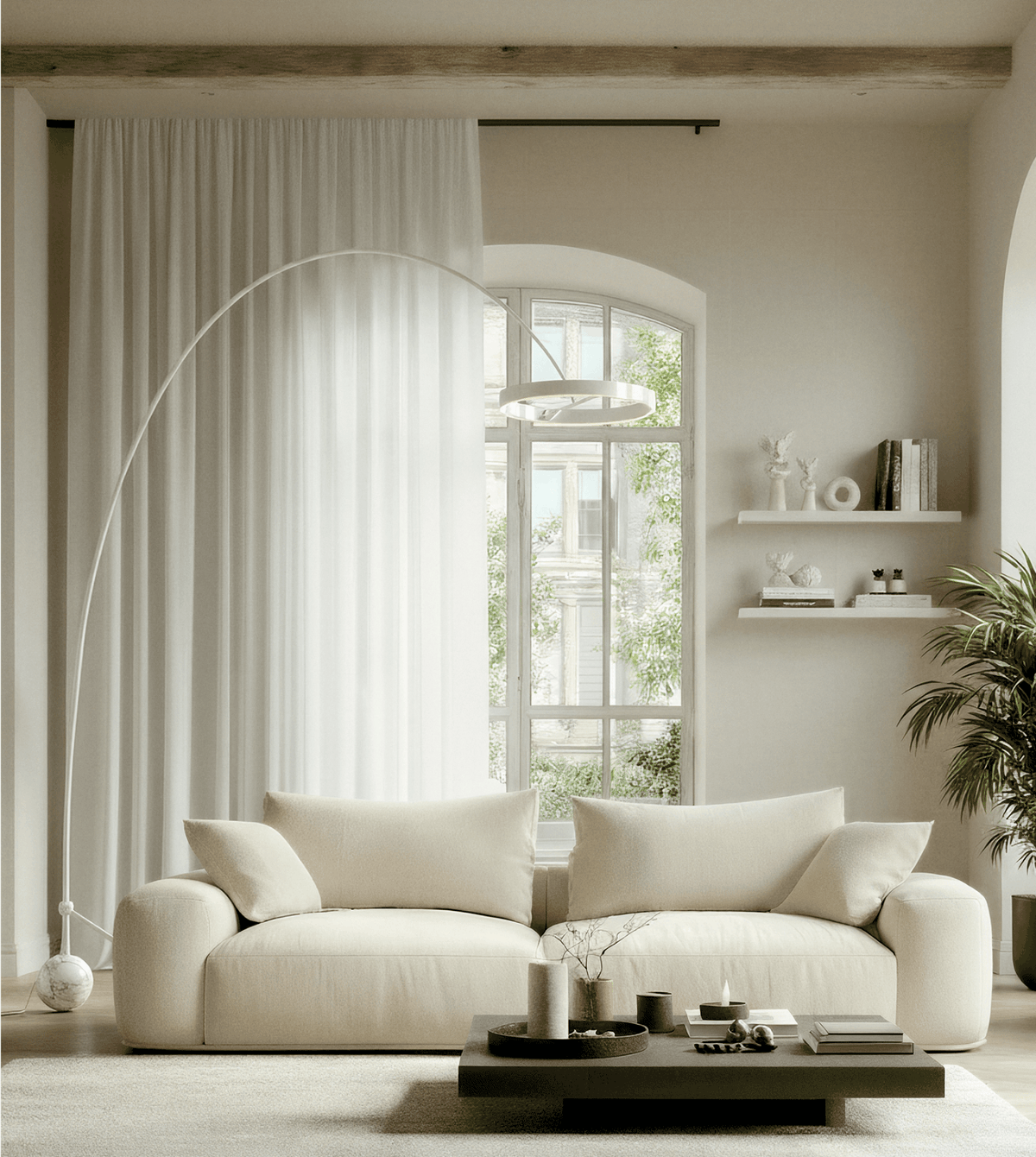 Lámpara de pie de arco LED Ruvela en un salón luminoso – imagen 16