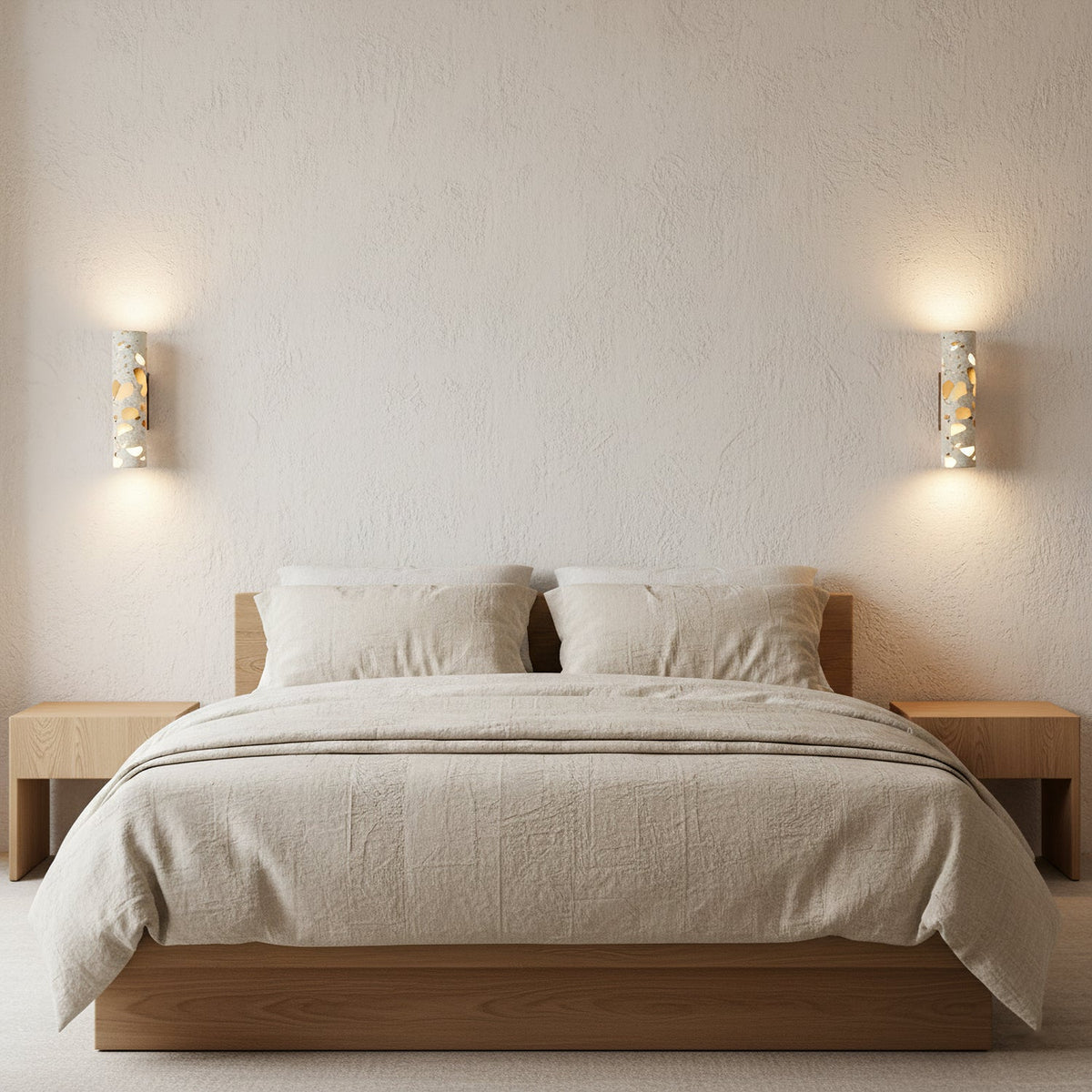 Aplique de pared de terrazo Terrela junto a una cama de madera – imagen 11