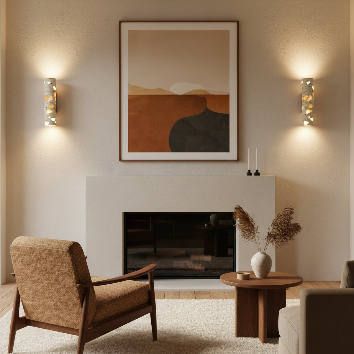 Aplique de pared de terrazo Terrela junto a una cama de madera – imagen 5