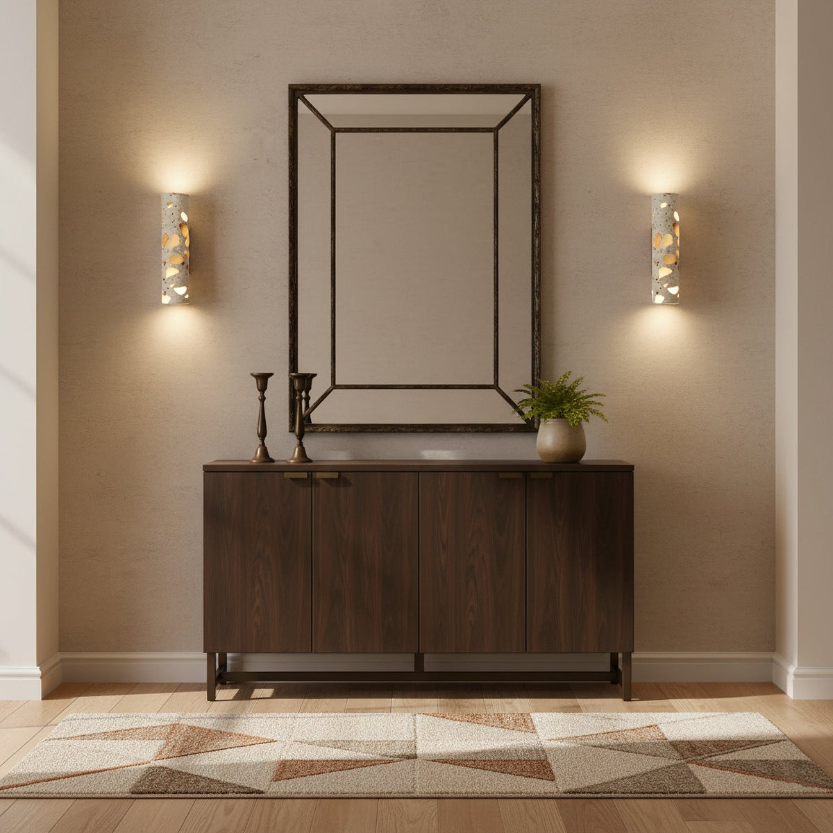 Aplique de pared de terrazo Terrela junto a una cama de madera – imagen 7