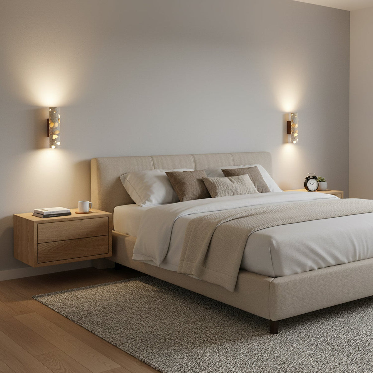 Aplique de pared de terrazo Terrela junto a una cama de madera – imagen 12