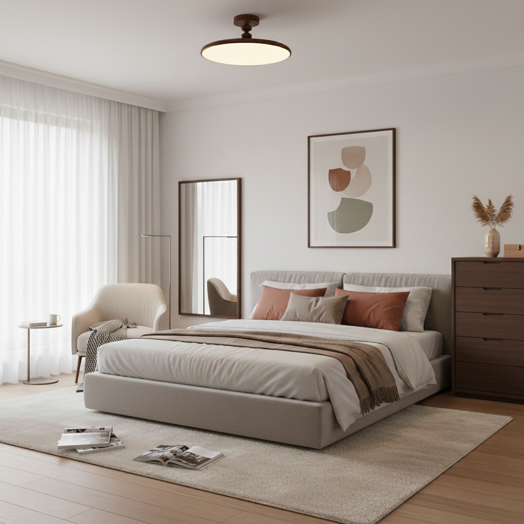 Plafón LED efecto nogal Eclipsa en un dormitorio cálido – imagen 6