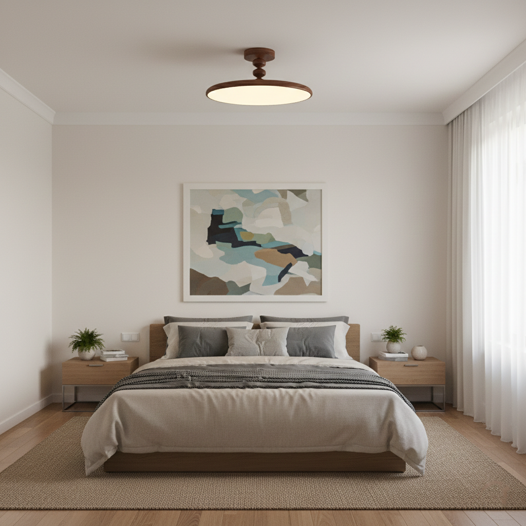 Plafón LED efecto nogal Eclipsa en un dormitorio cálido – imagen 10
