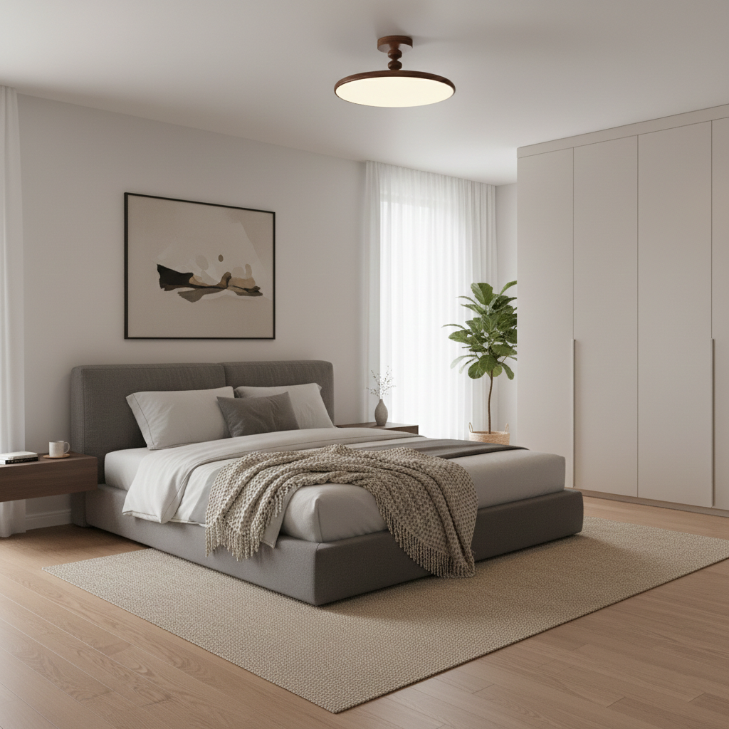 Plafón LED efecto nogal Eclipsa en un dormitorio cálido – imagen 5