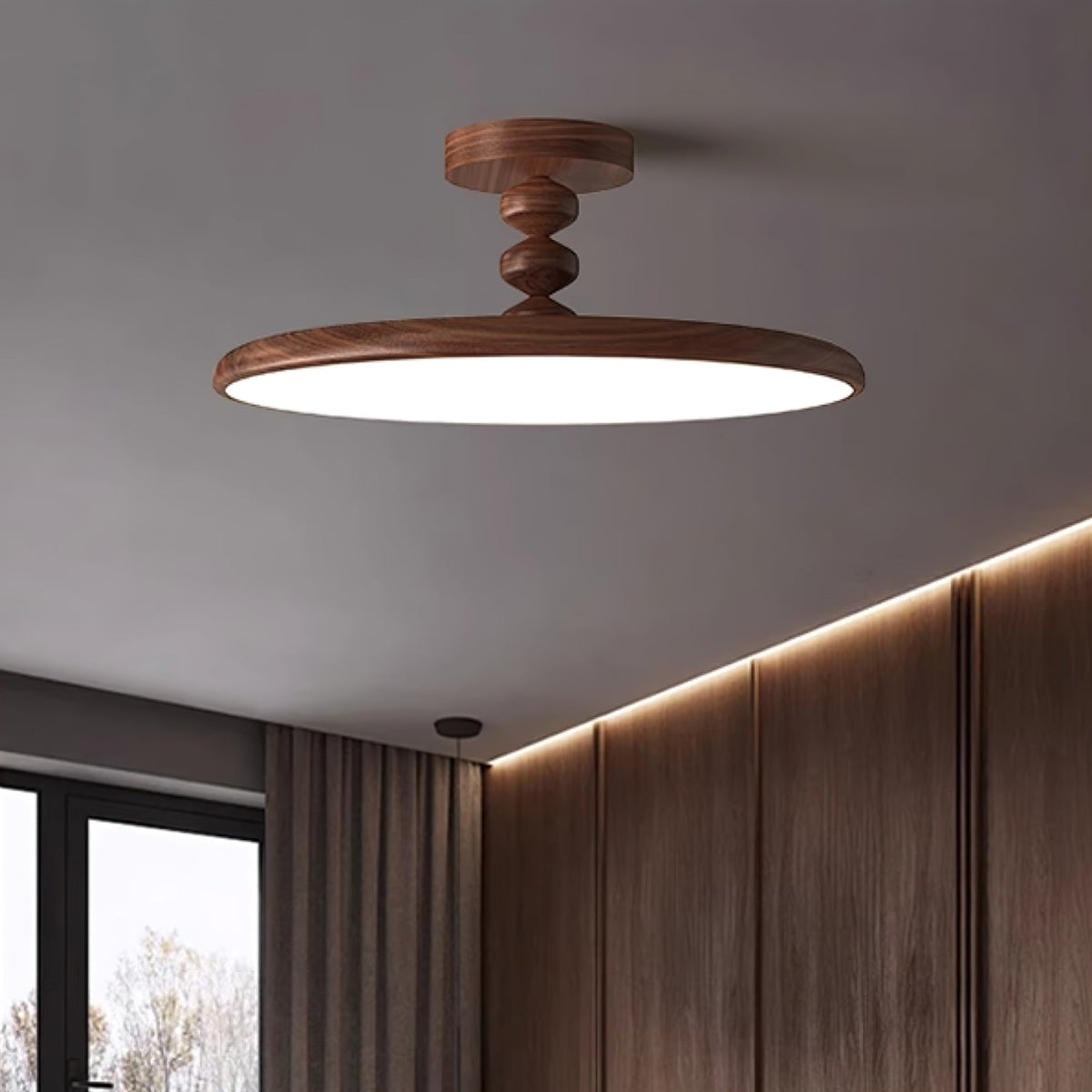 Plafón LED efecto nogal Eclipsa en un dormitorio cálido – imagen 2