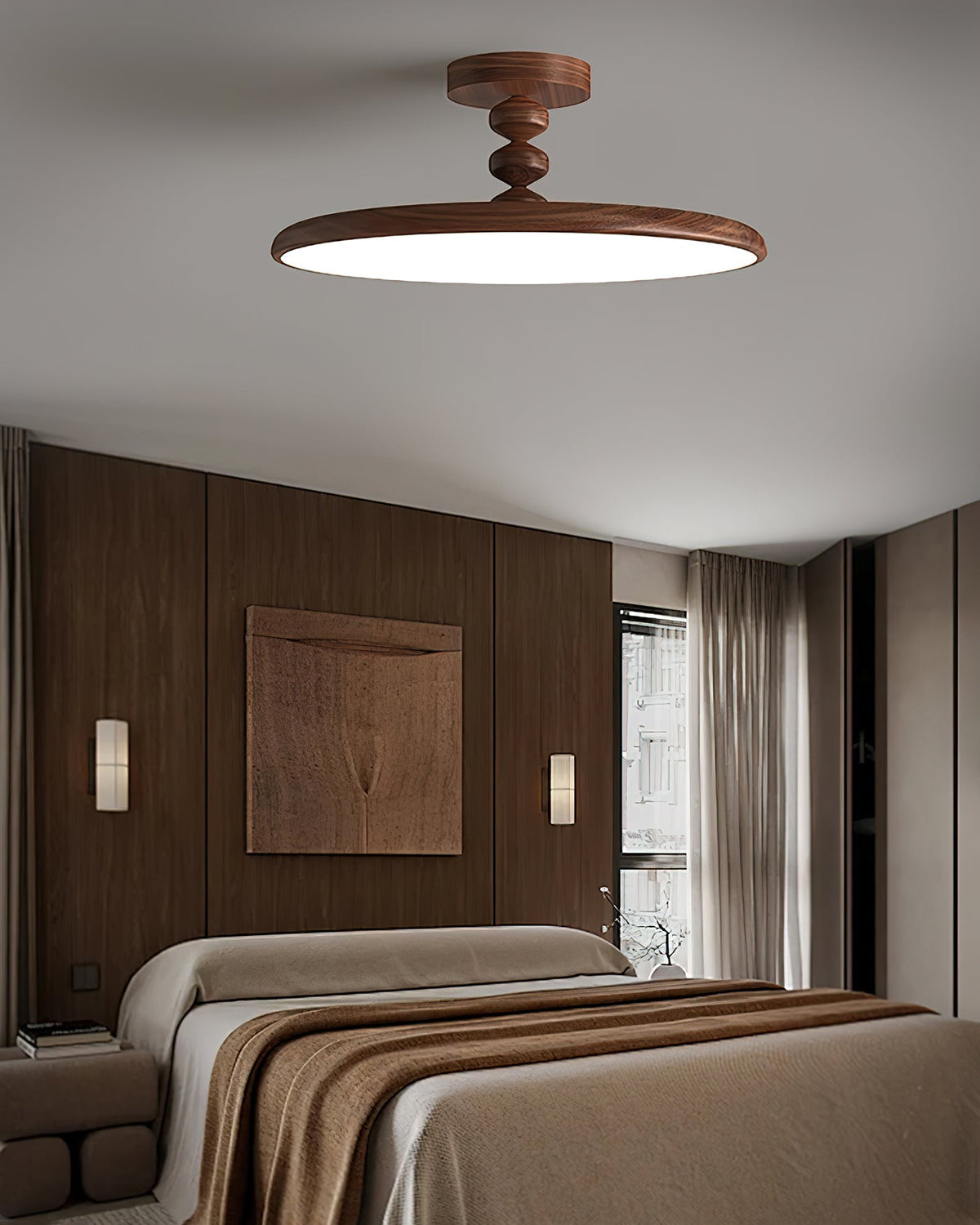 Plafón LED efecto nogal Eclipsa en un dormitorio cálido – imagen 11