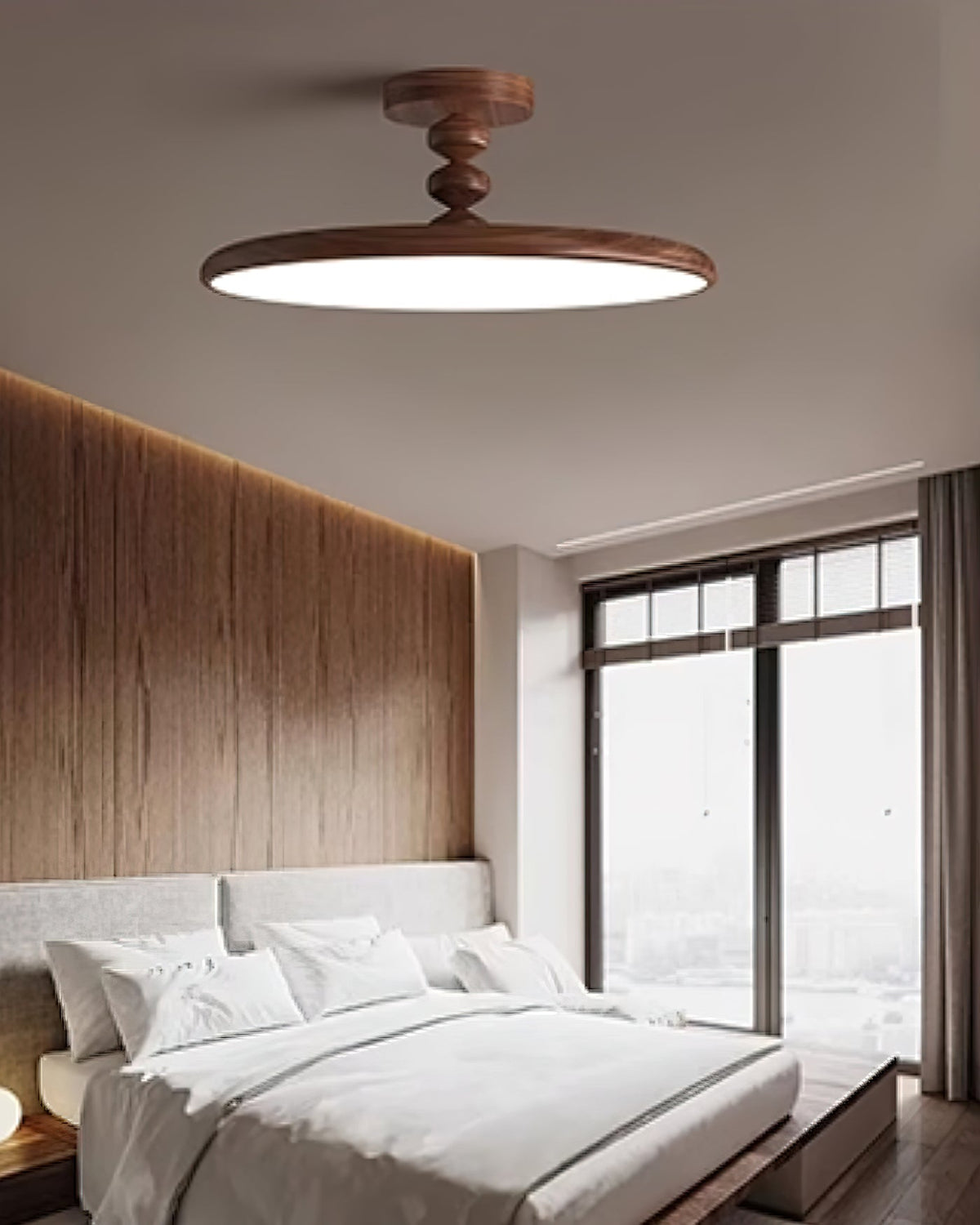 Plafón LED efecto nogal Eclipsa en un dormitorio cálido – imagen 12