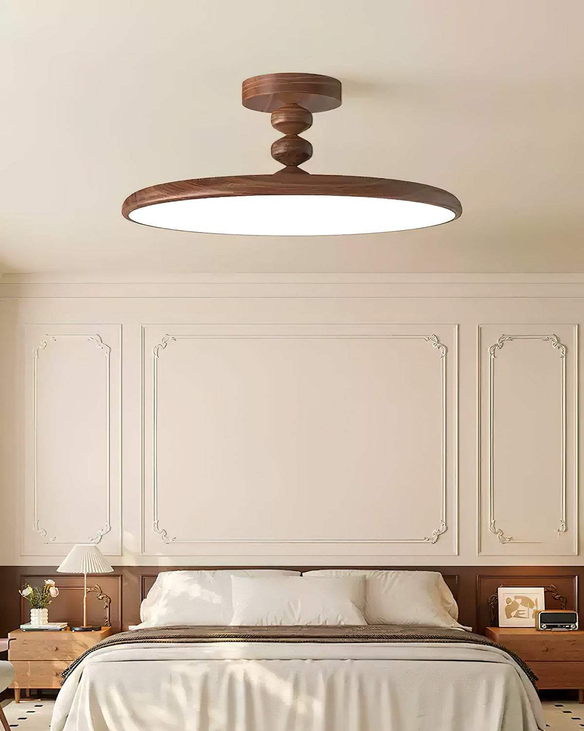 Plafón LED efecto nogal Eclipsa en un dormitorio cálido – imagen 13