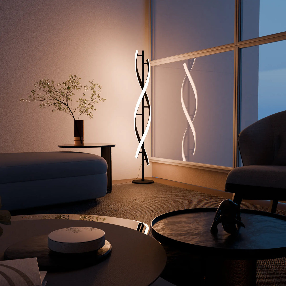 Lámpara de pie LED en espiral Rizena – luz blanca en un salón