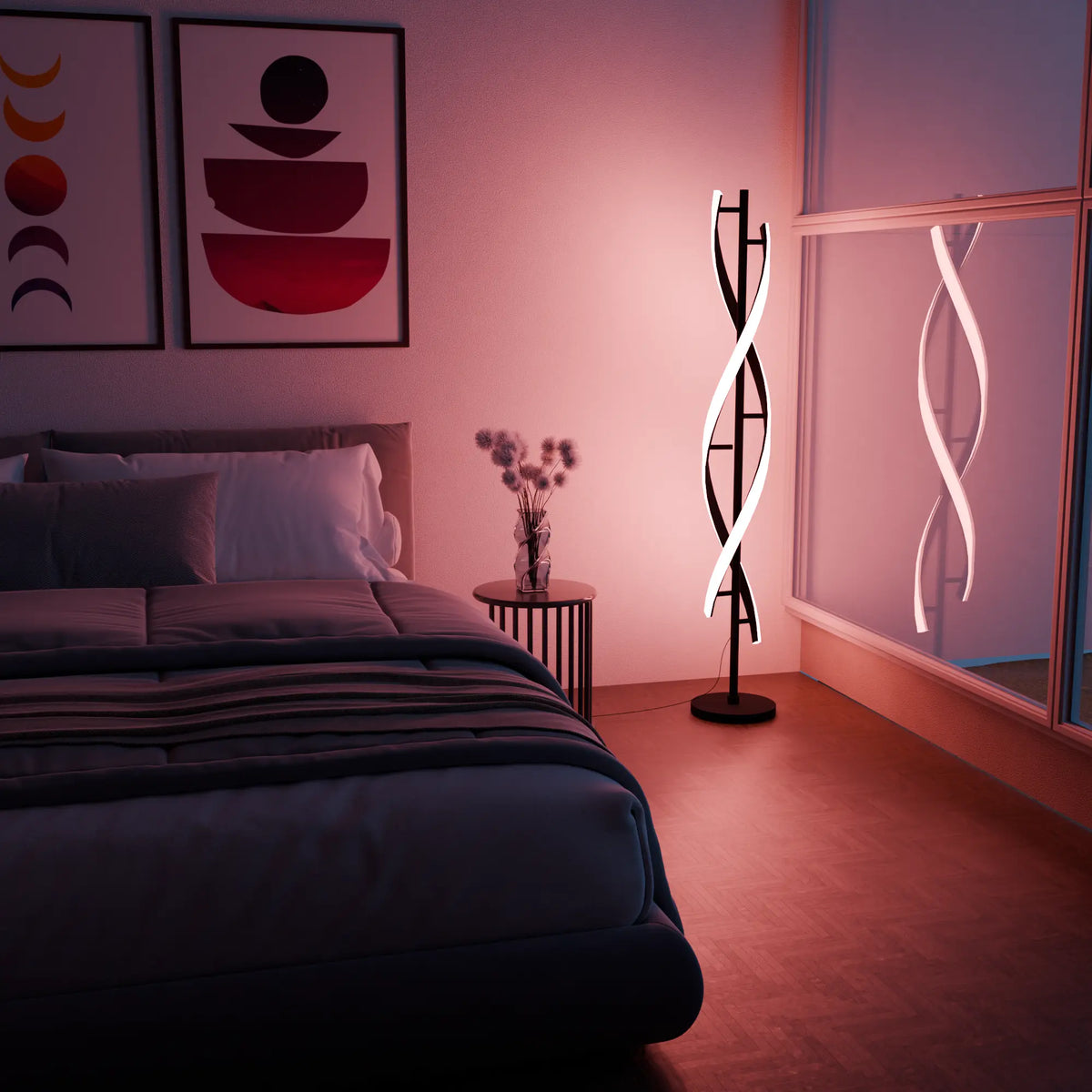 Lámpara de pie LED en espiral Rizena – en un dormitorio con luz rosada