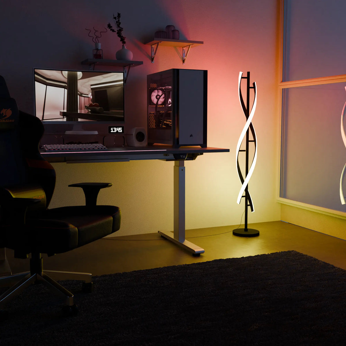 Lámpara de pie LED en espiral Rizena – luz RGB en un despacho