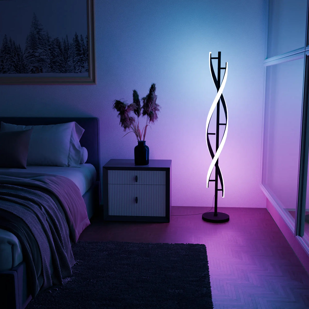Lámpara de pie LED en espiral Rizena – luz RGB en un dormitorio