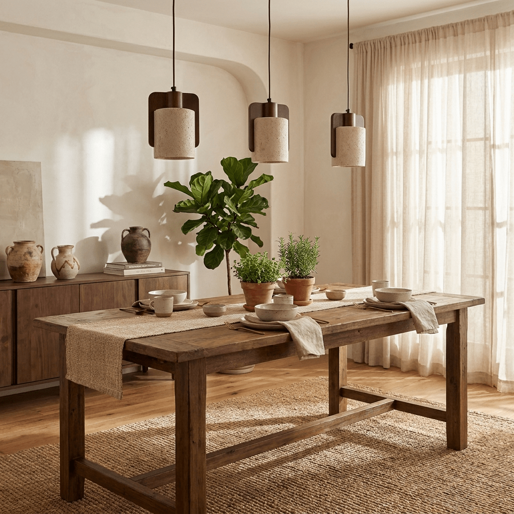 Lámpara colgante de travertino y nogal Fendara sobre una mesa de comedor – imagen 9
