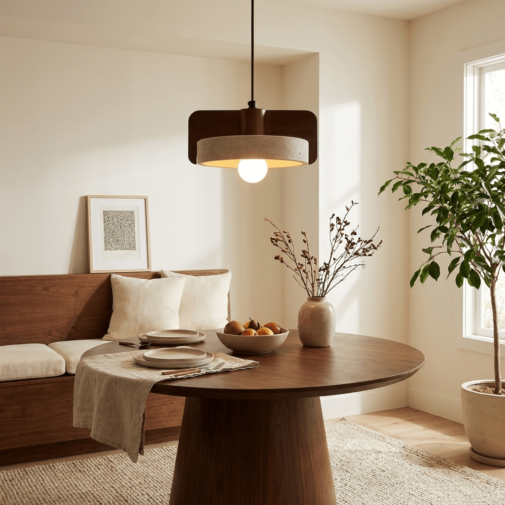 Lámpara colgante de travertino y nogal Fendara sobre una mesa de comedor – imagen 5