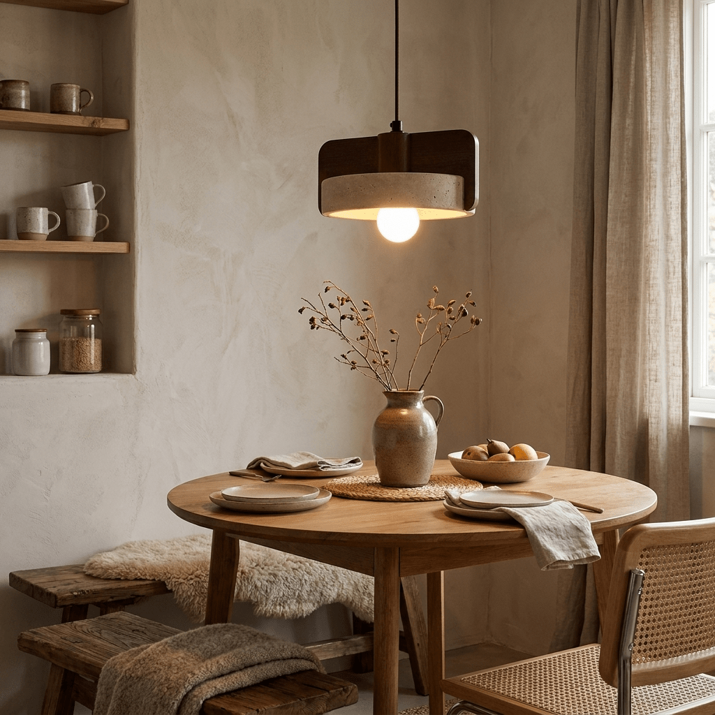 Lámpara colgante de travertino y nogal Fendara sobre una mesa de comedor – imagen 7