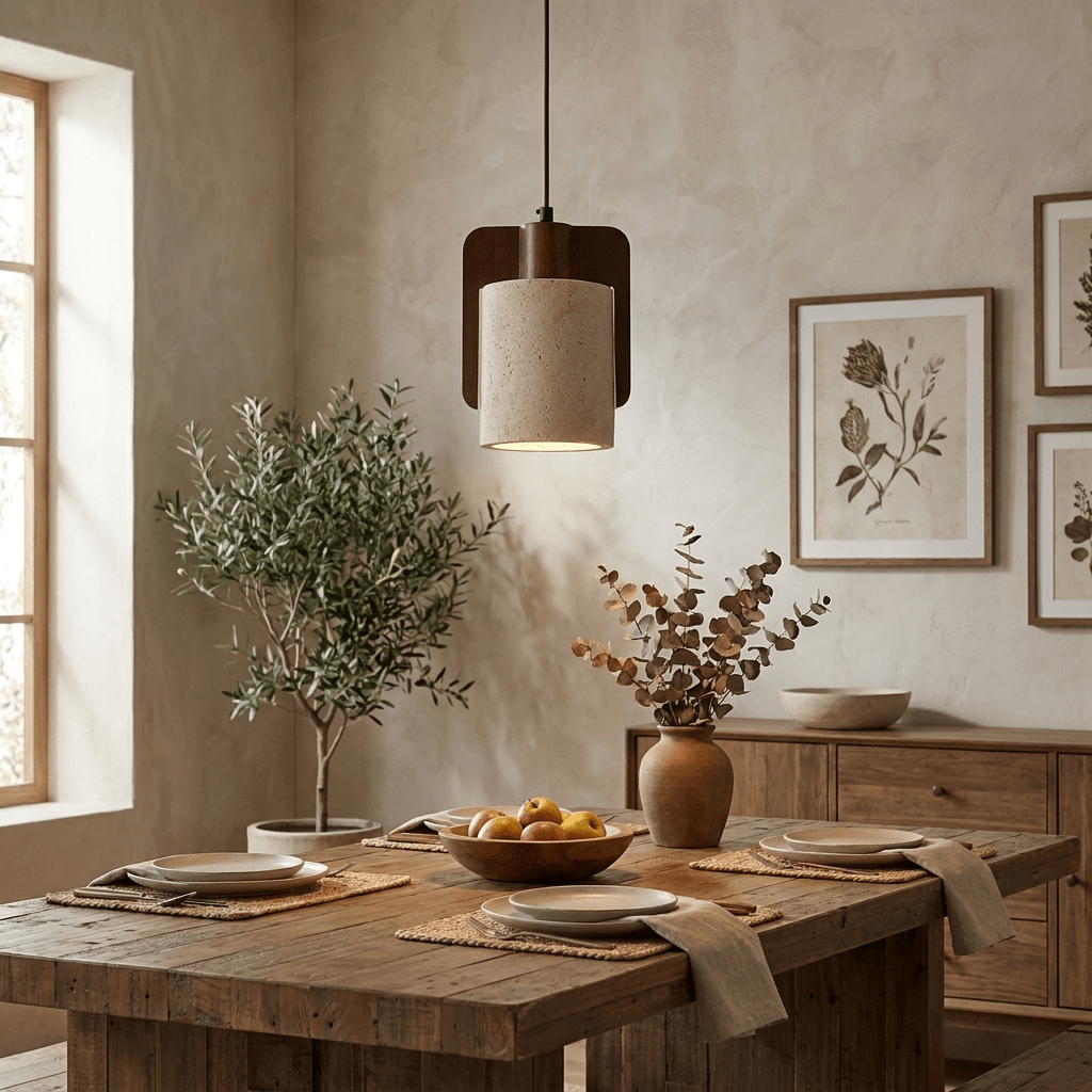 Lámpara colgante de travertino y nogal Fendara sobre una mesa de comedor – imagen 6