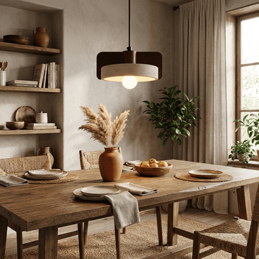 Lámpara colgante de travertino y nogal Fendara sobre una mesa de comedor – imagen 8