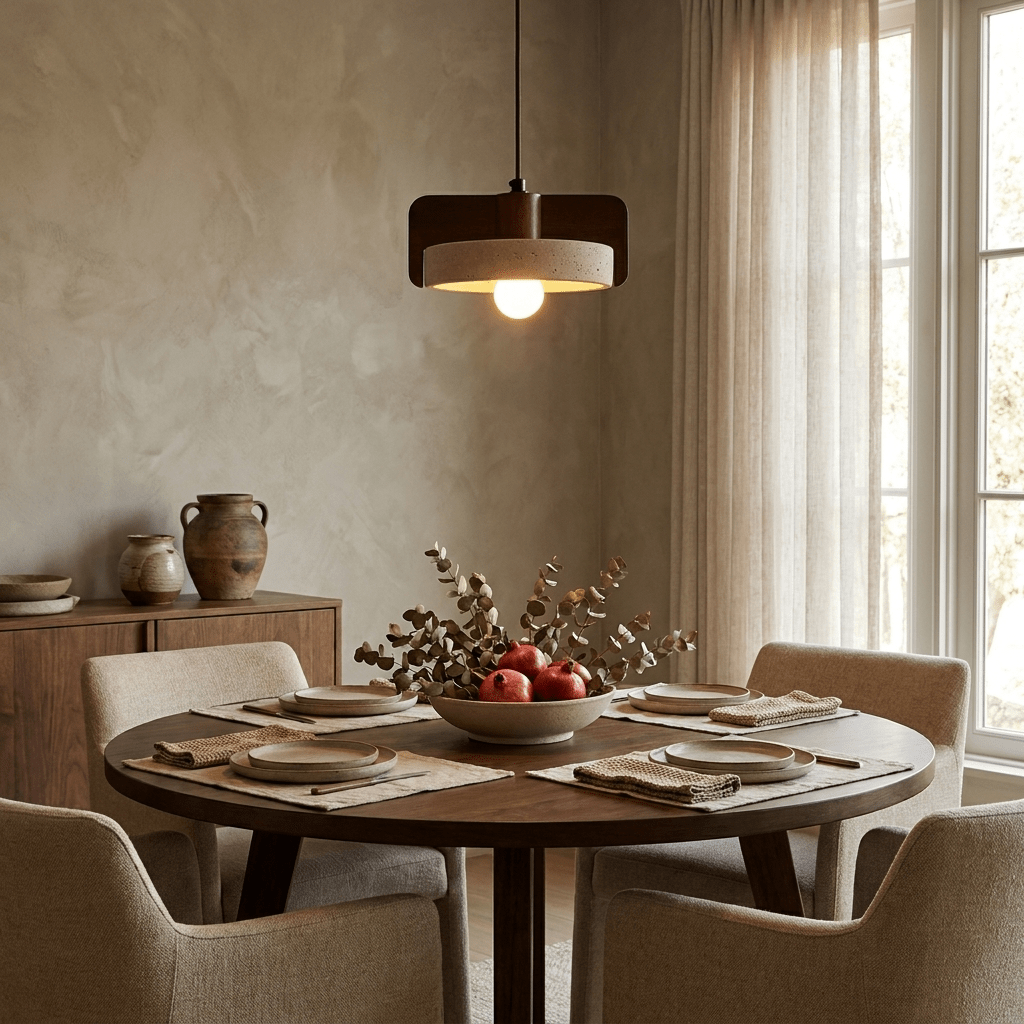 Lámpara colgante de travertino y nogal Fendara sobre una mesa de comedor – imagen 4