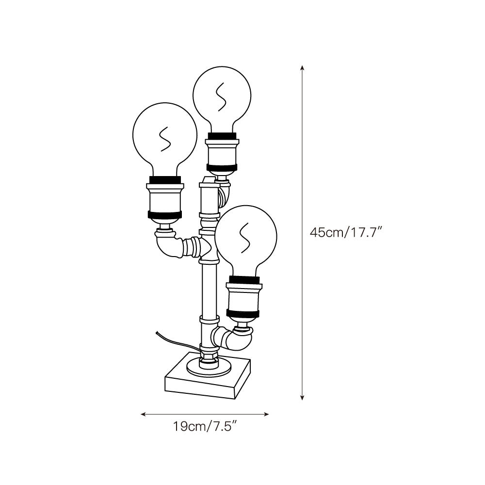 Lámpara de mesa industrial Tuvero – medidas de la versión de 3 luces