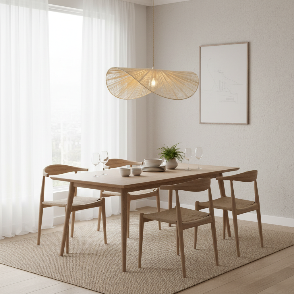 Lámpara colgante sombrero de cuerda Alabrisa sobre una mesa de comedor – imagen 13