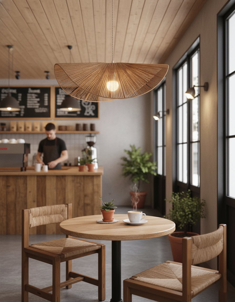 Lámpara colgante sombrero de cuerda Alabrisa sobre una mesa de comedor – imagen 10