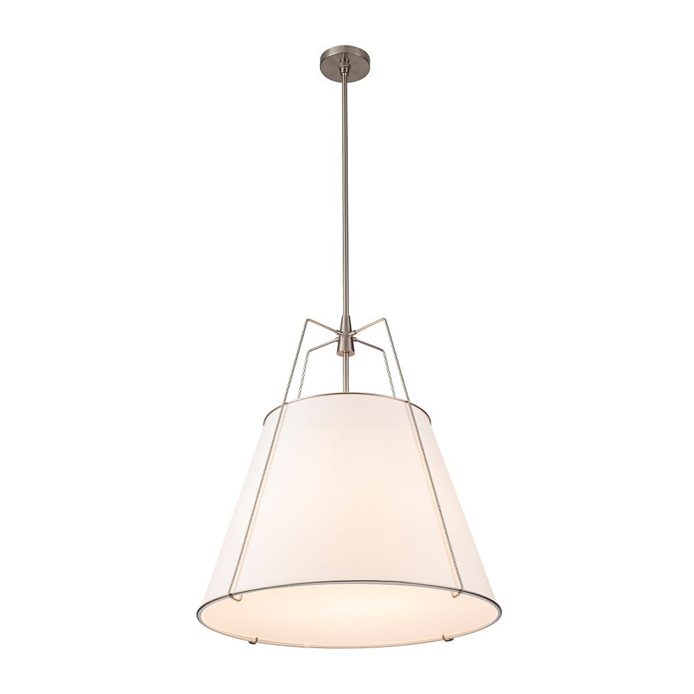 Lámpara colgante de tela con jaula cónica Tambela – Ø 60 cm, blanco y níquel