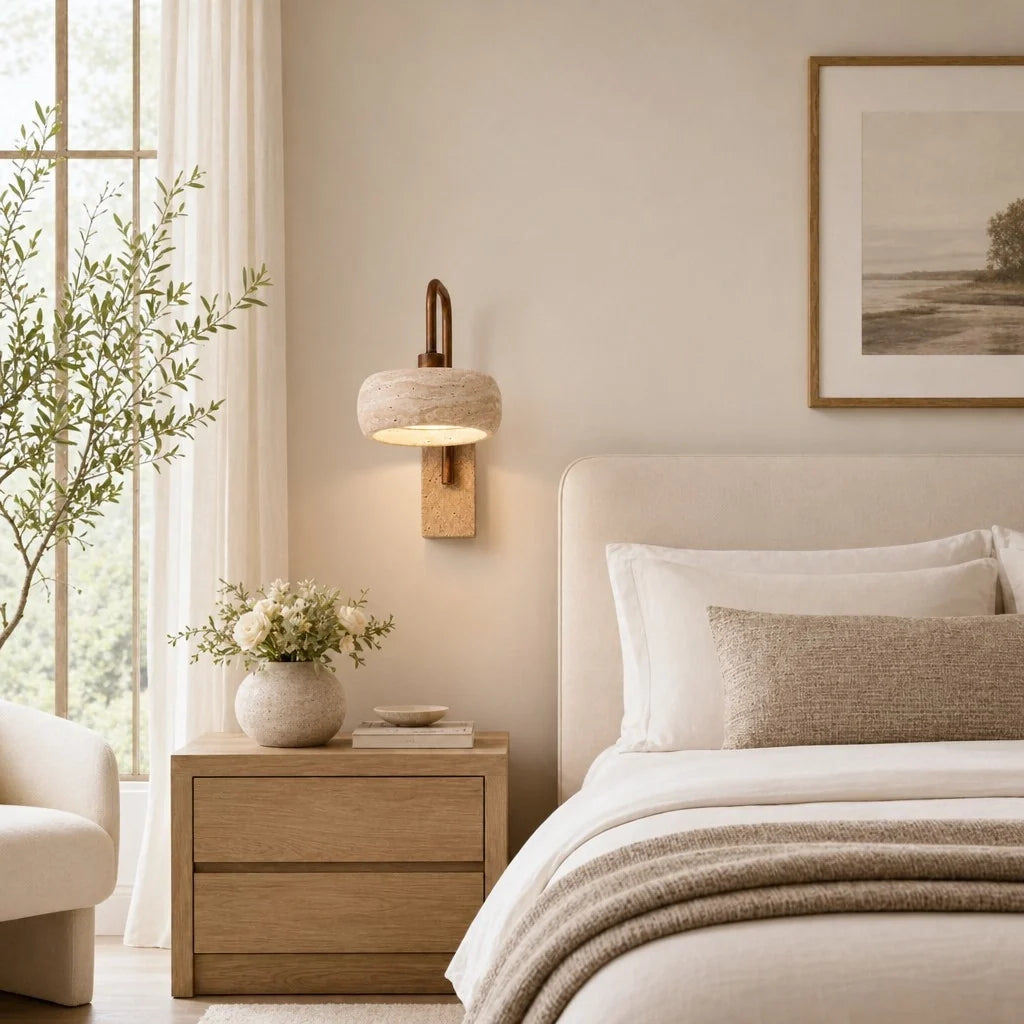 Aplique de pared de travertino Pedrisa en un dormitorio sereno – imagen 17