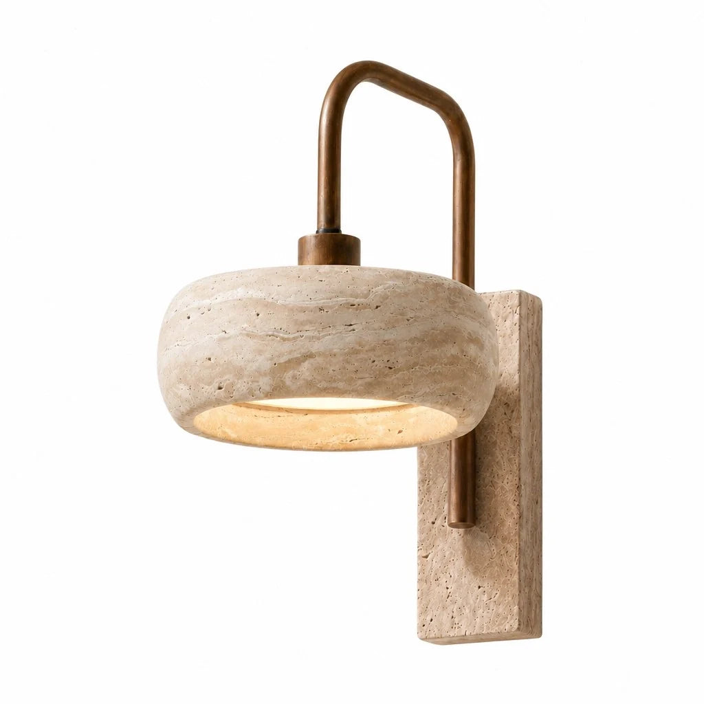 Aplique de pared de travertino Pedrisa – pantalla redondeada de travertino con base de travertino