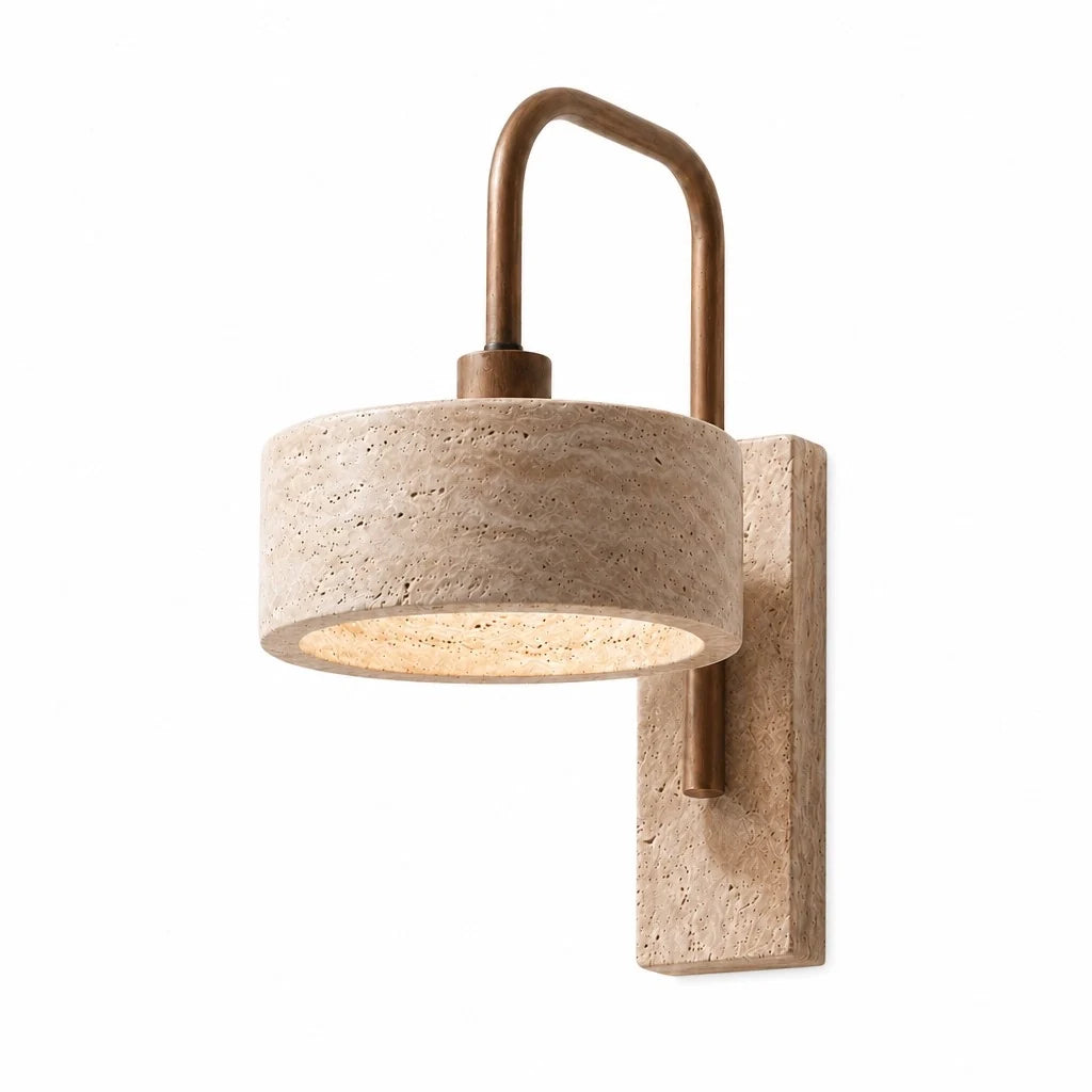 Aplique de pared de travertino Pedrisa – pantalla cilíndrica de travertino con base de travertino
