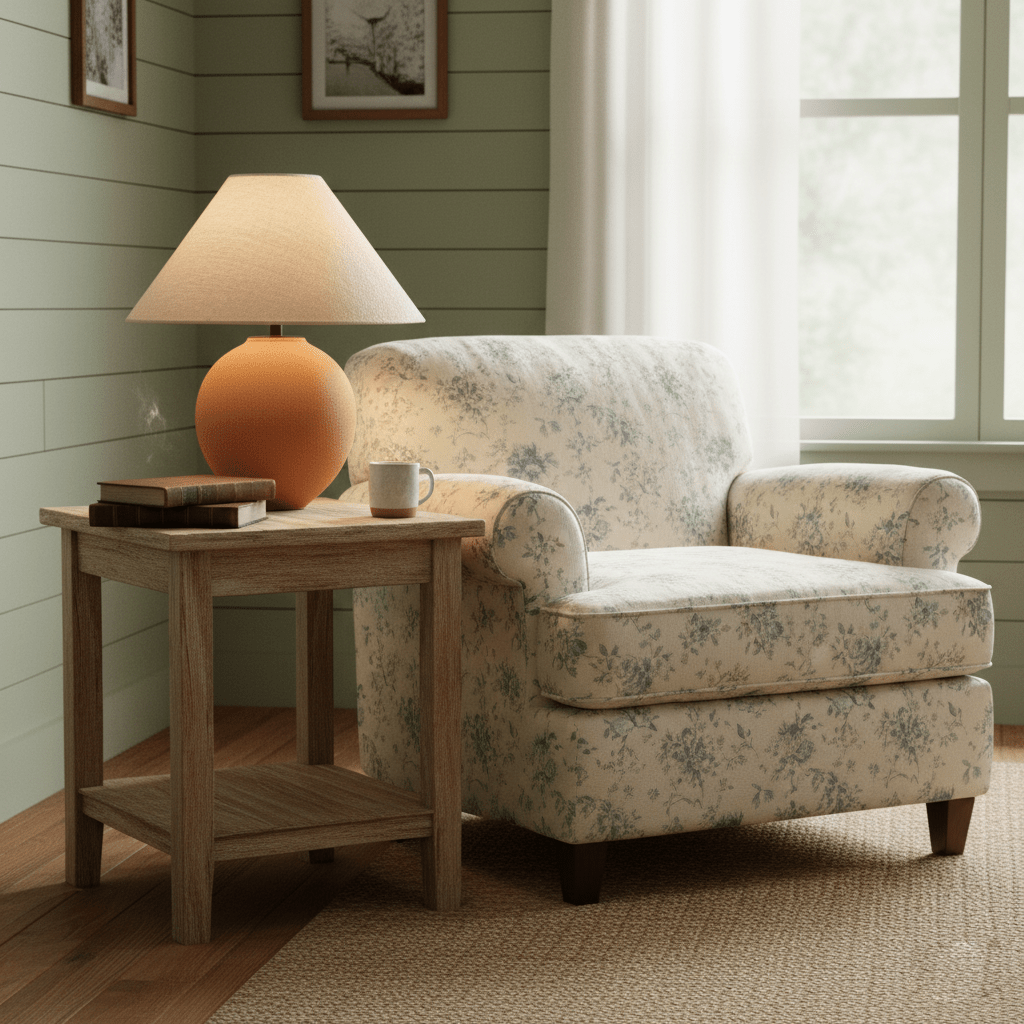 Lámpara de mesa de cerámica Terrosa – junto a un sillón tapizado