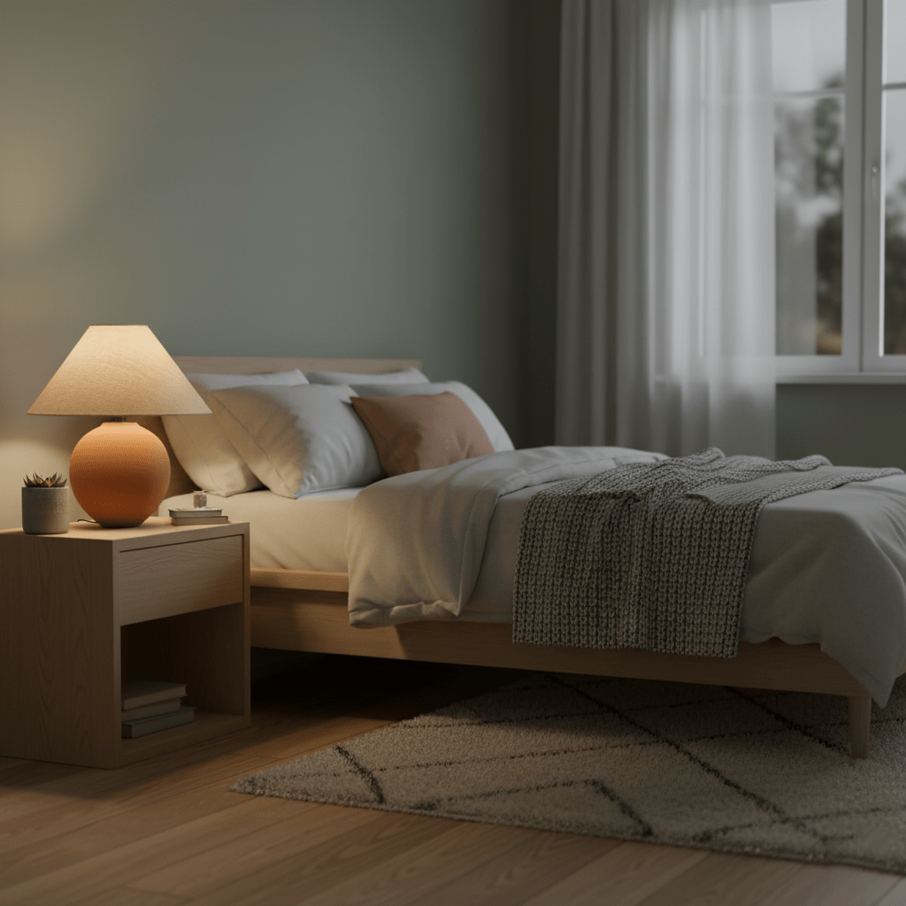 Lámpara de mesa de cerámica Terrosa – en un dormitorio sereno