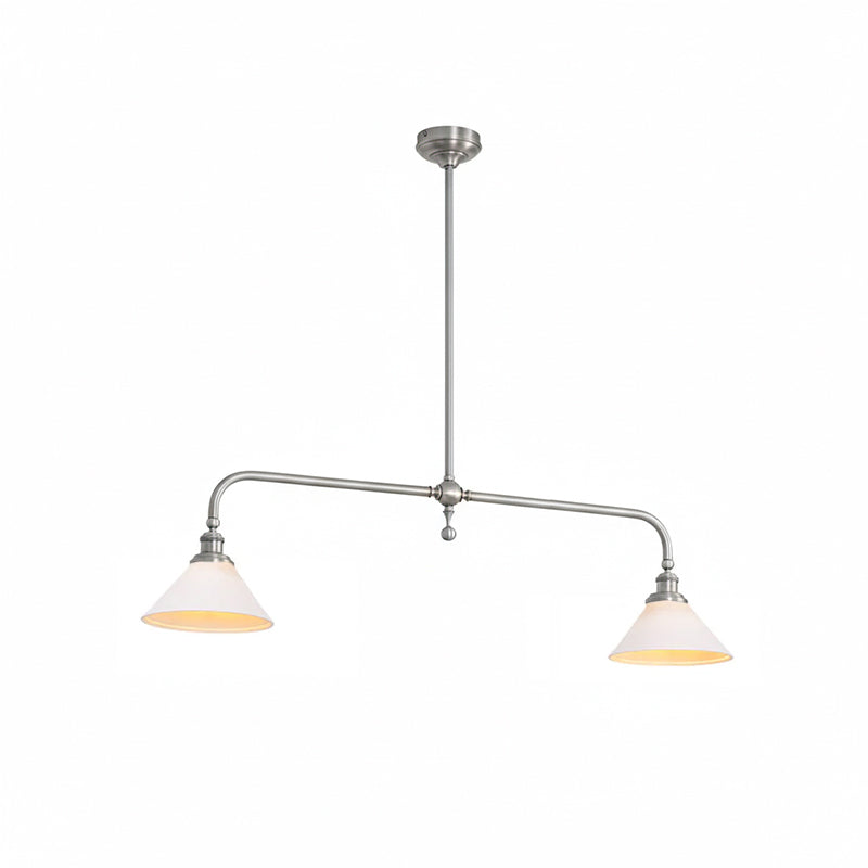 Lámpara colgante lineal Yunta – níquel pulido, pantalla de cerámica, largo 120 cm
