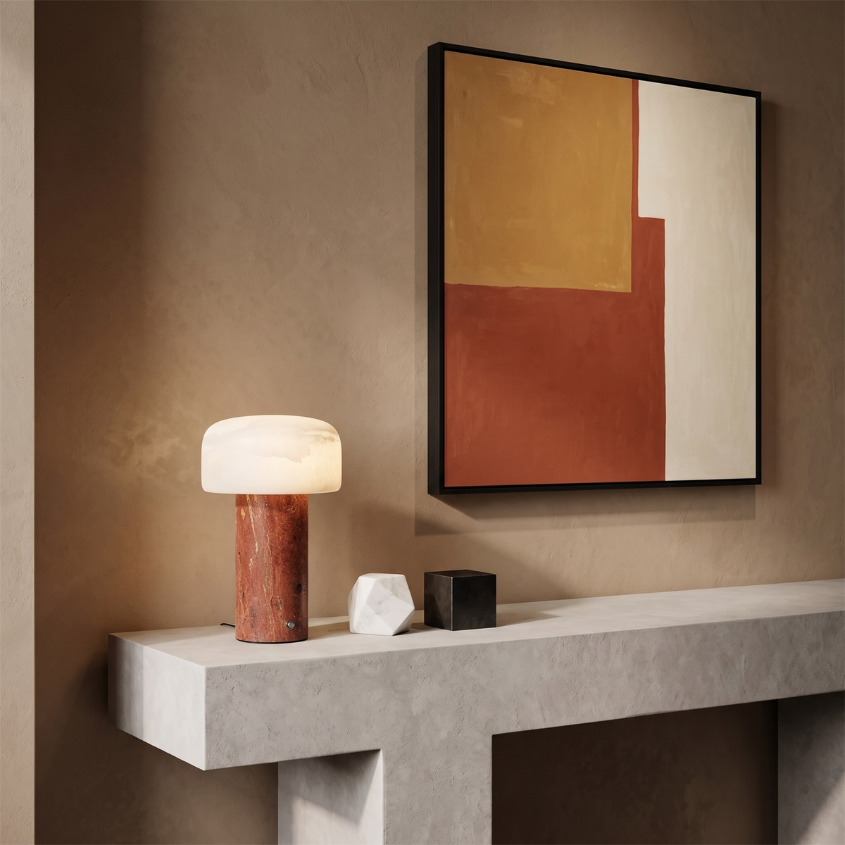 Lámpara de mesa recargable Tobalia – base de travertino rojo sobre una consola