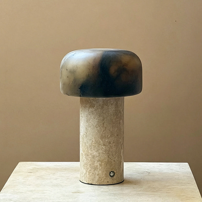 Lámpara de mesa recargable Tobalia – base de travertino amarillo con pantalla marrón oscuro