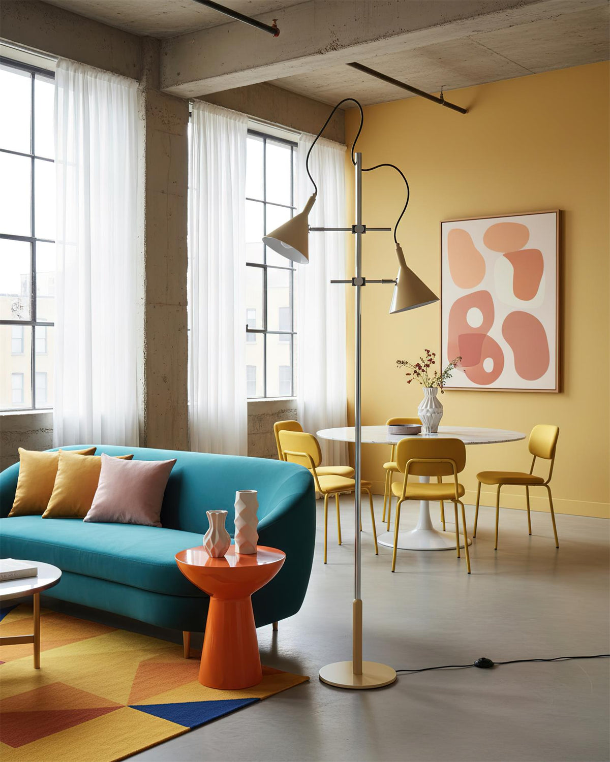 Lámpara de pie doble cono Trompela en un salón de estilo pop – imagen 7