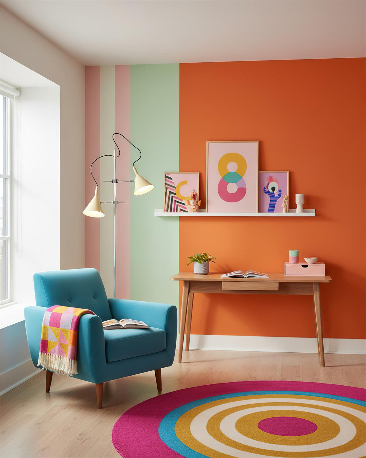 Lámpara de pie doble cono Trompela en un salón de estilo pop – imagen 12