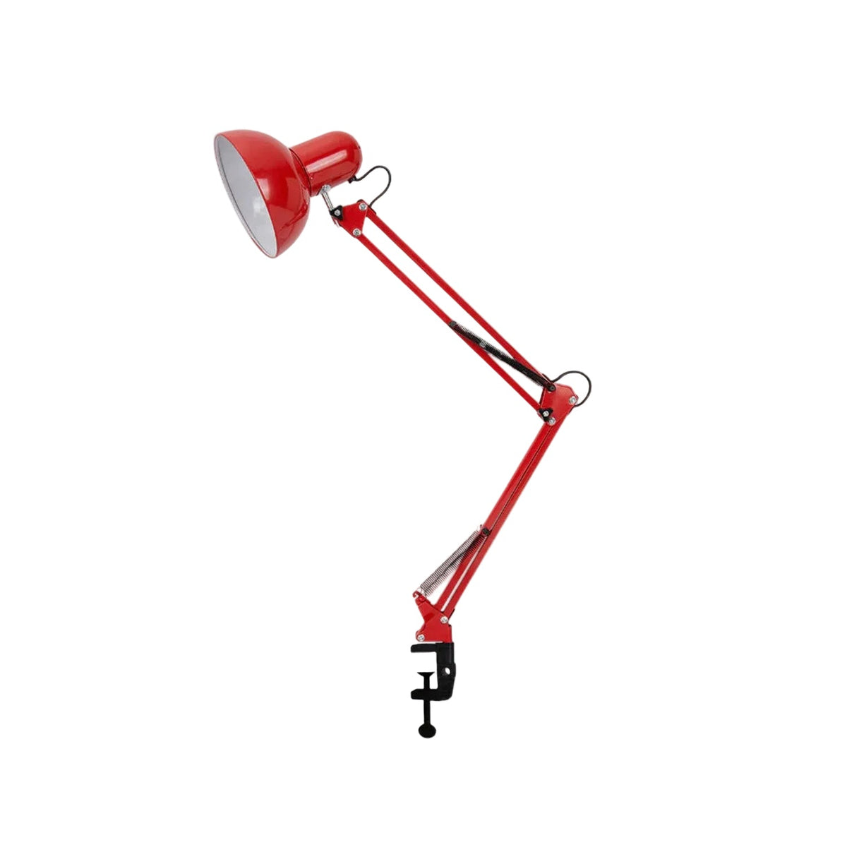 Lámpara de escritorio articulada Flexora – roja con el brazo extendido sobre fondo gris