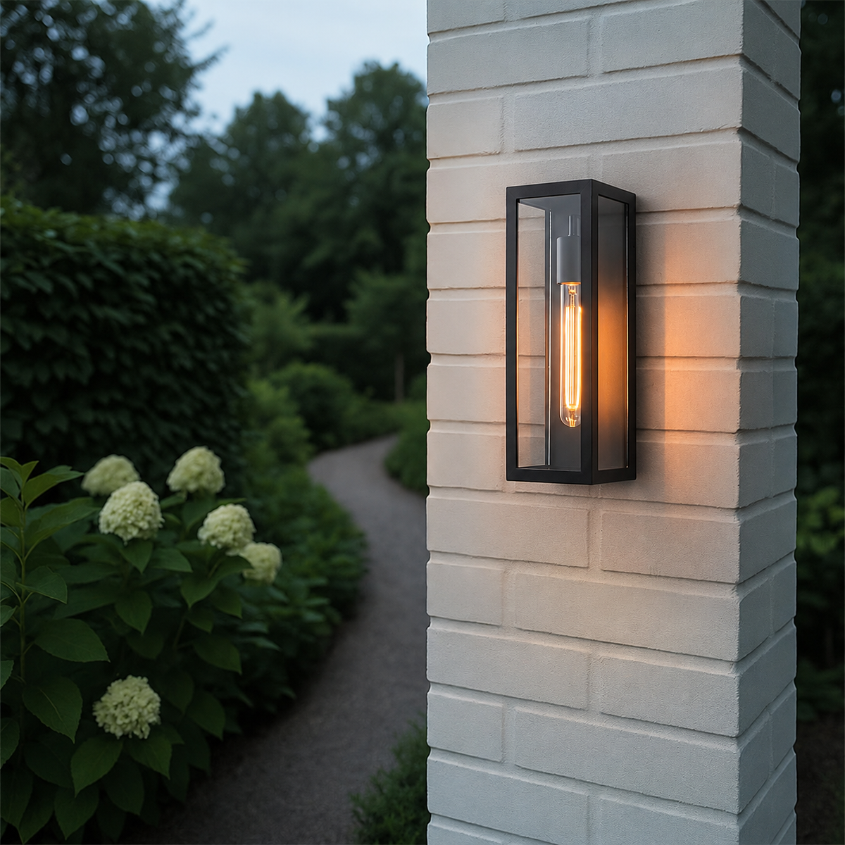 Farol de pared exterior Kelina – en una columna de ladrillo junto al jardín