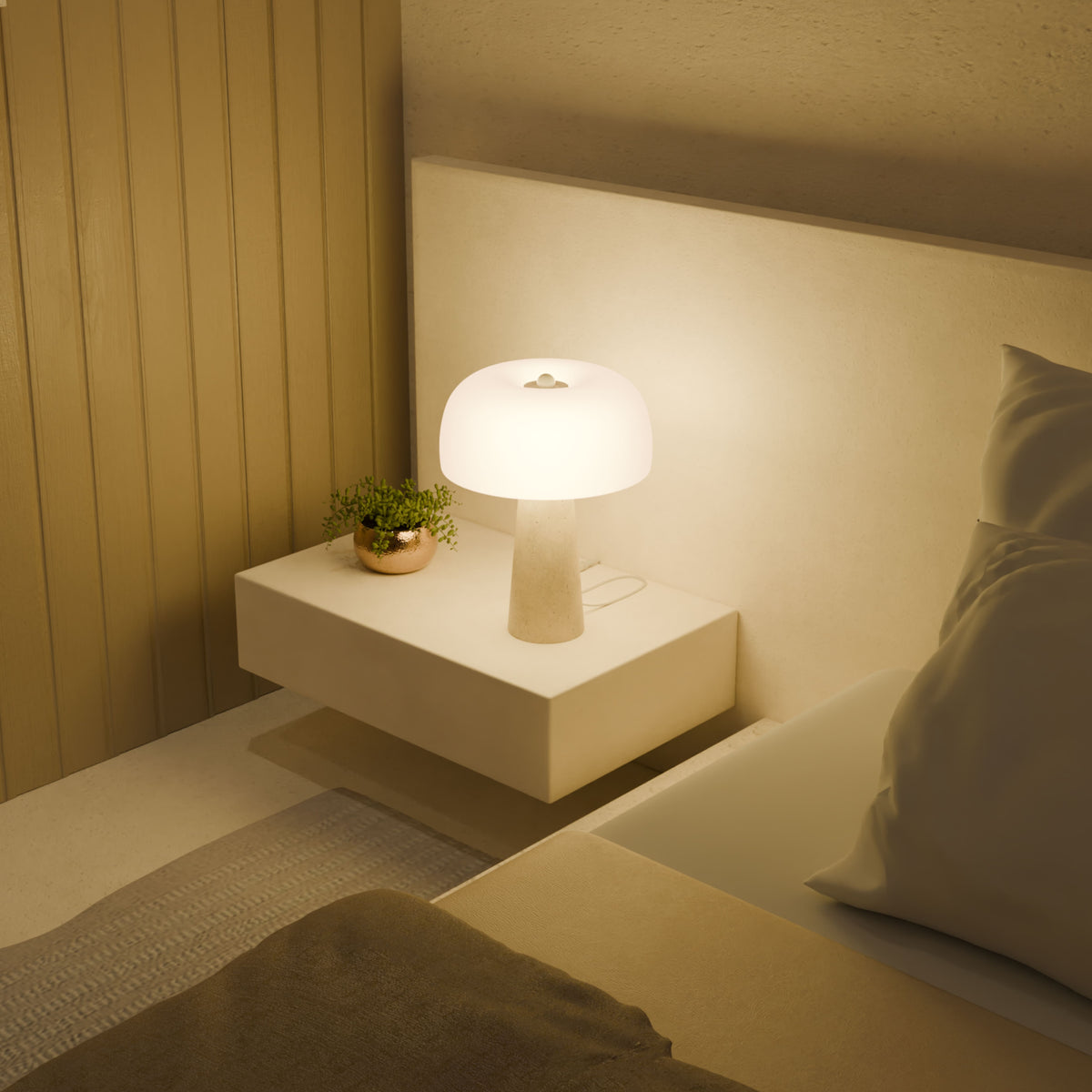 Lámpara de mesa seta de travertino Kaluma en un dormitorio cálido – imagen 3