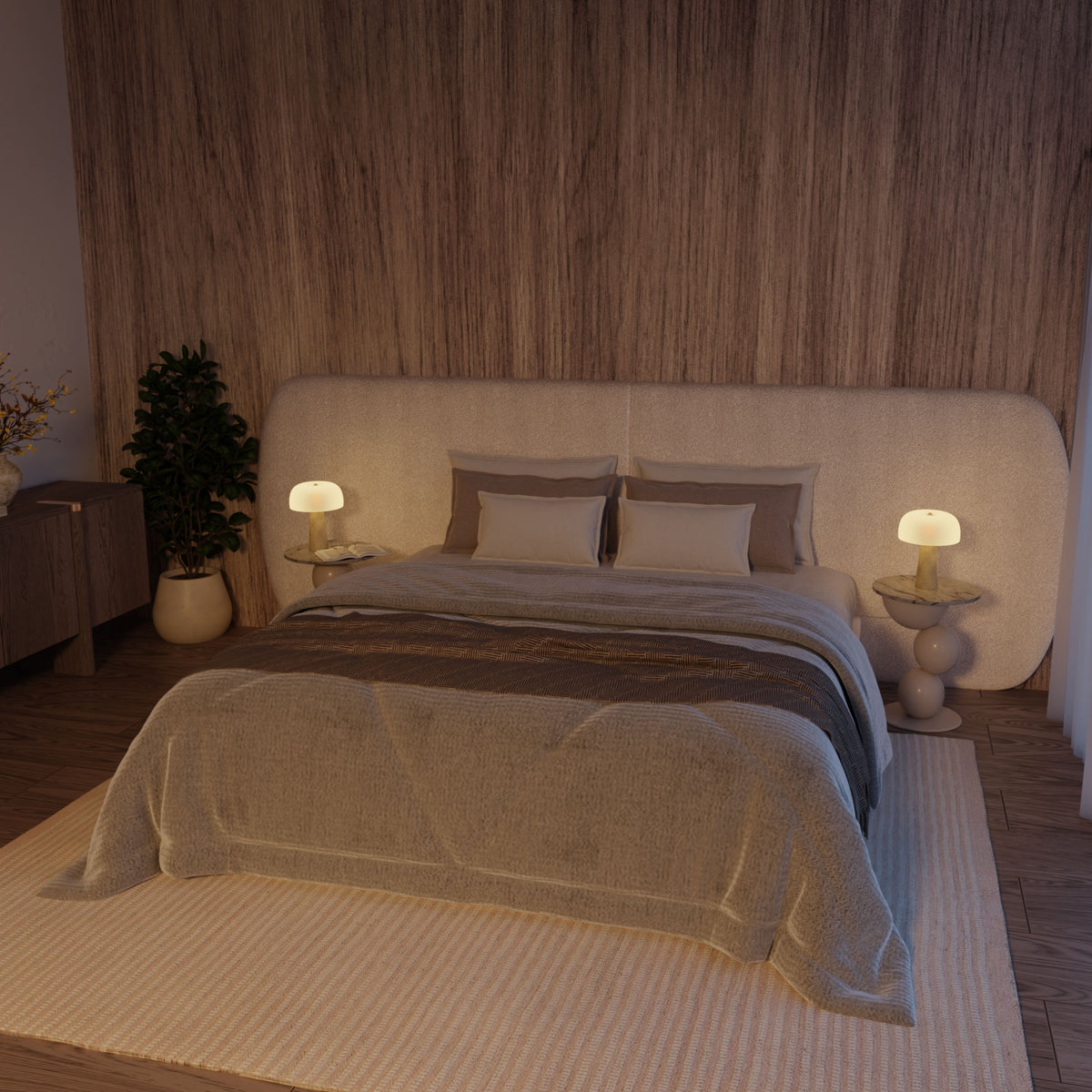 Lámpara de mesa seta de travertino Kaluma en un dormitorio cálido – imagen 6