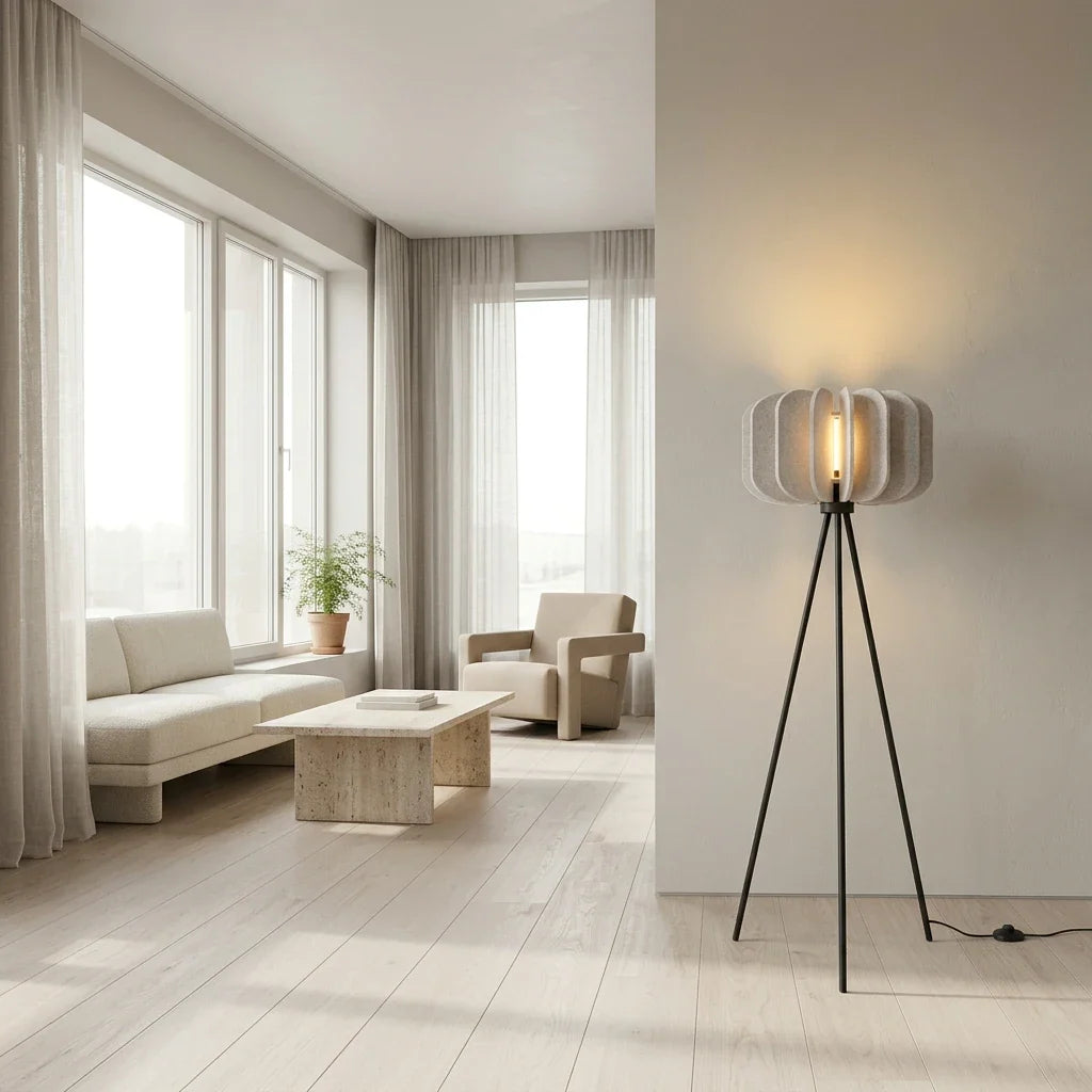 Lámpara de pie Yumara con pantalla de fieltro – en beige junto a una ventana