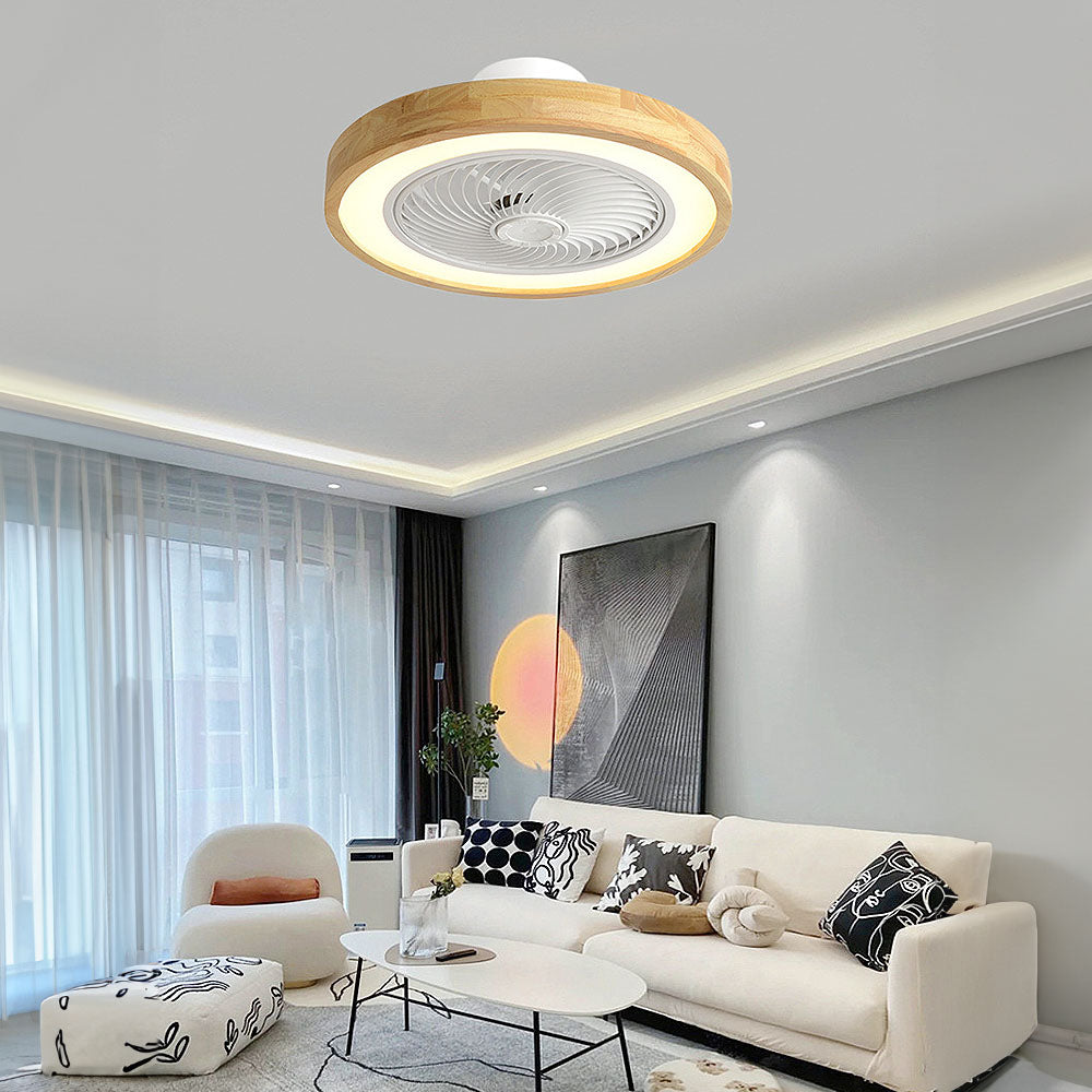 Ventilador de Techo con Luz LED Redondo de Madera, Diseño Minimalista y Control Remoto para Comedores y Salas de Estar 0