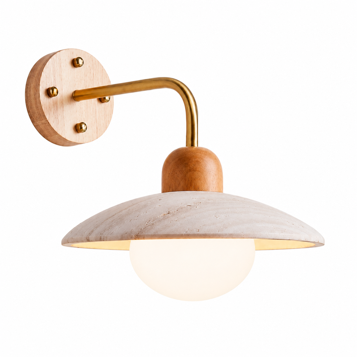 Veyor - Lámpara de Pared de Travertino Amarillo con Brazo de Latón y Base de Madera