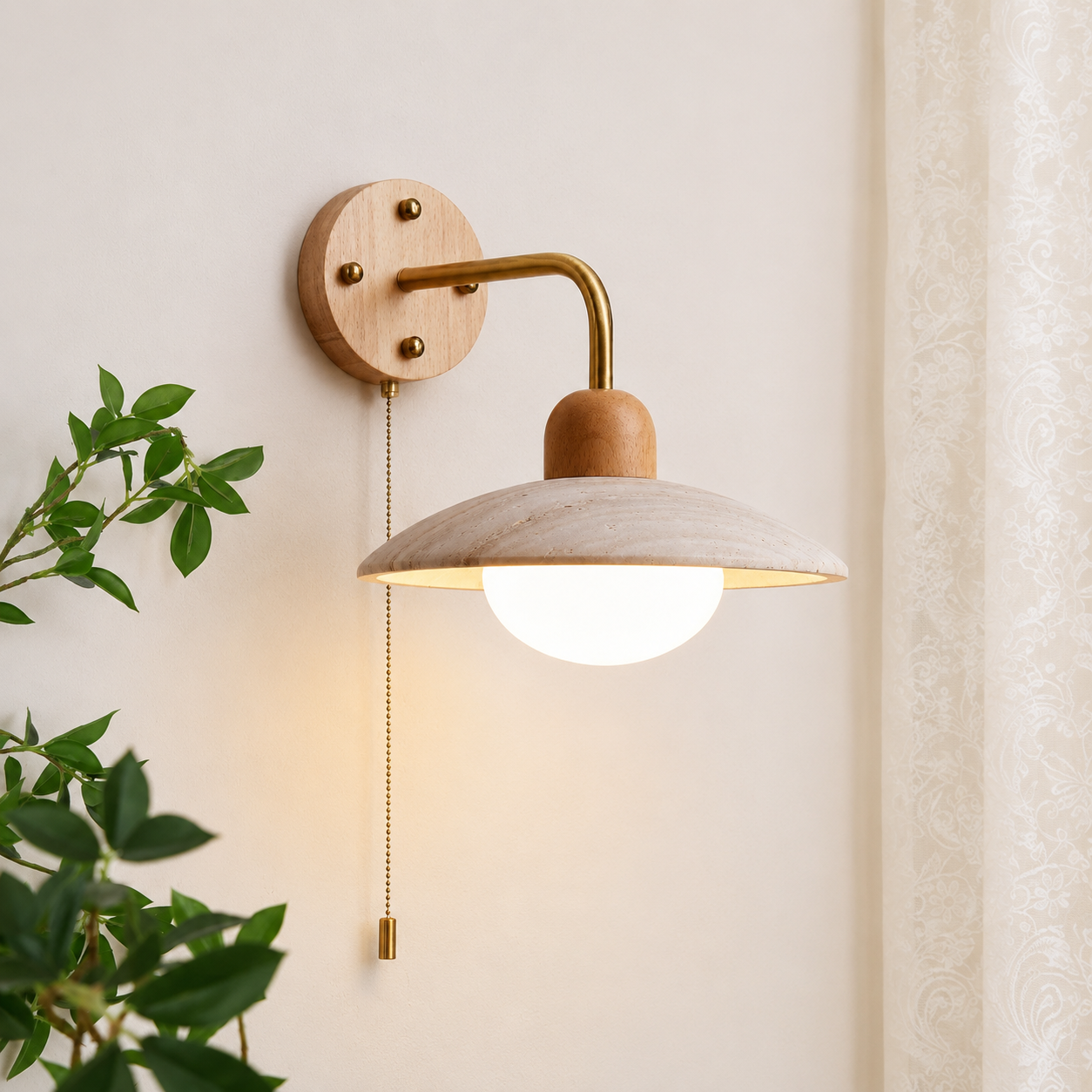 Veyor - Lámpara de Pared de Travertino Amarillo con Brazo de Latón y Base de Madera