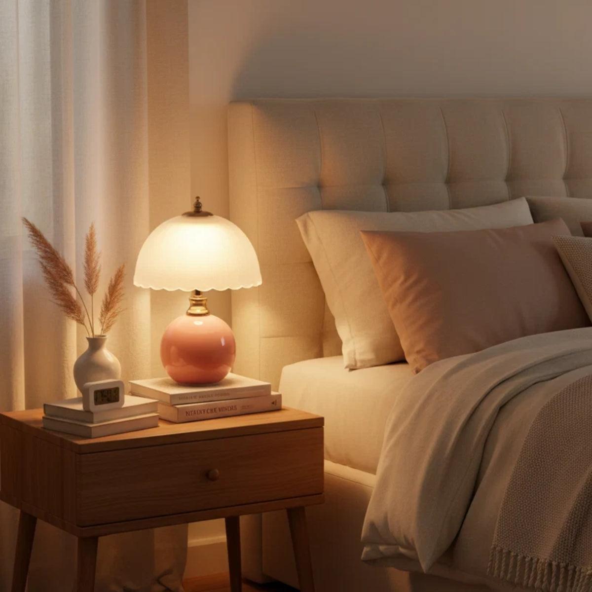 Lámpara de mesita de noche Rizonda – con base rosa en un dormitorio cálido