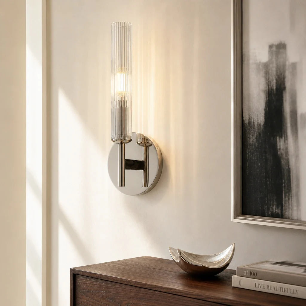Aplique de pared de cristal estriado Junquela – cromo, 1 luz