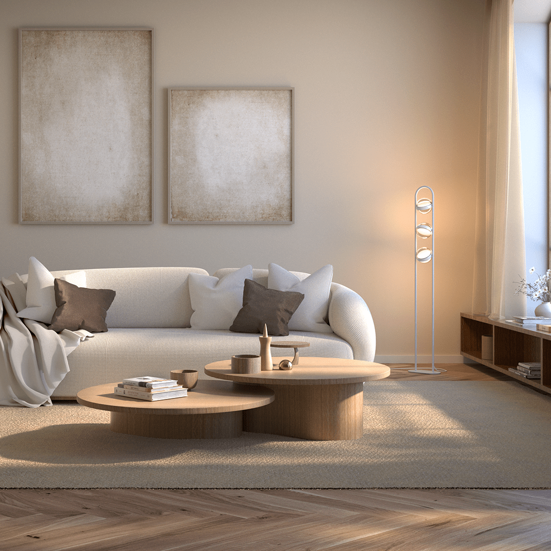 Lámpara de pie LED Romira en un salón cálido – imagen 14