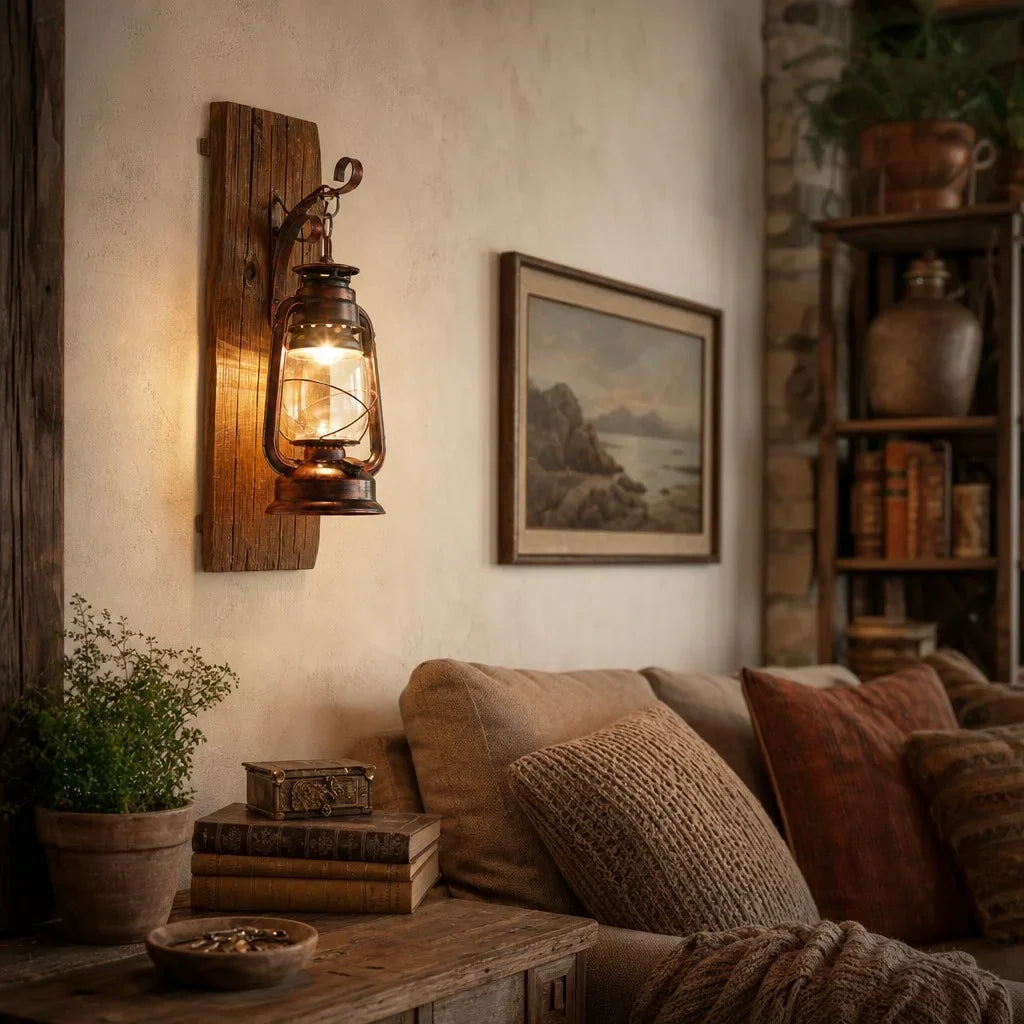 Aplique de pared quinqué Belquina en un salón rústico – imagen 4