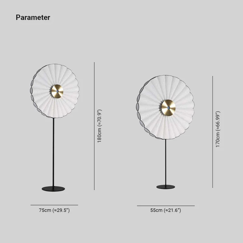 Lámpara de pie LED con disco plisado Zirena – medidas de los dos tamaños