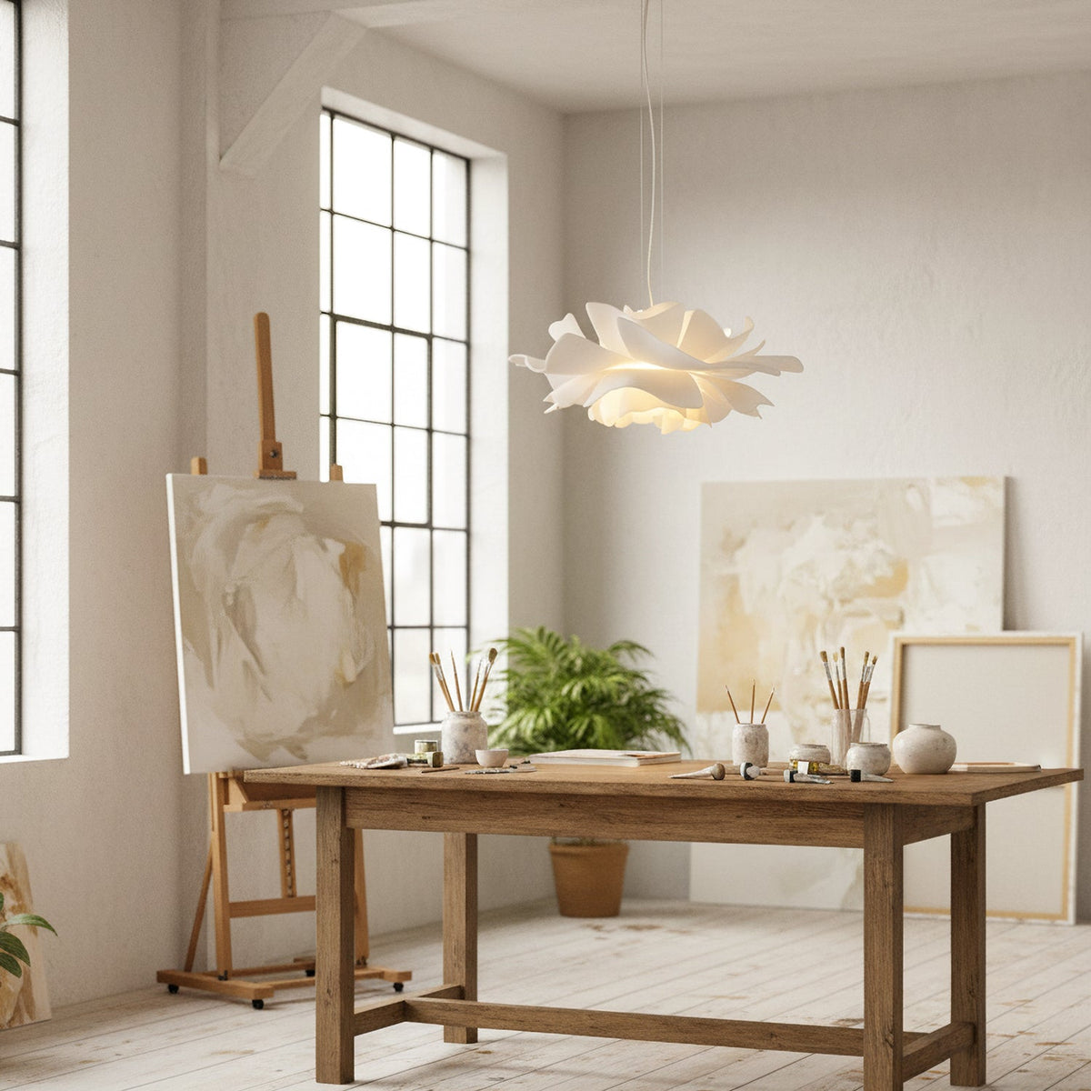 Lámpara colgante flor de loto Flotina sobre una mesa de comedor – imagen 5